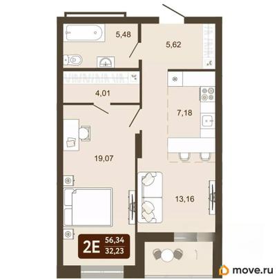 2-комн. квартира, 56.34 м&sup2;