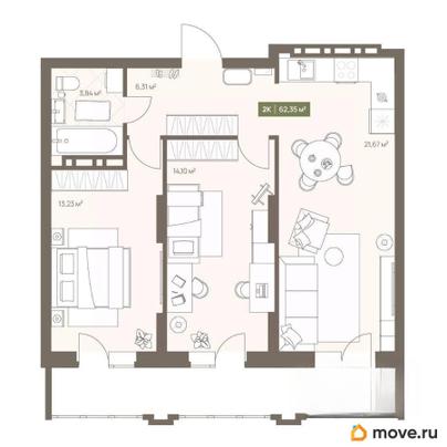 2-комн. квартира, 62.35 м&sup2;