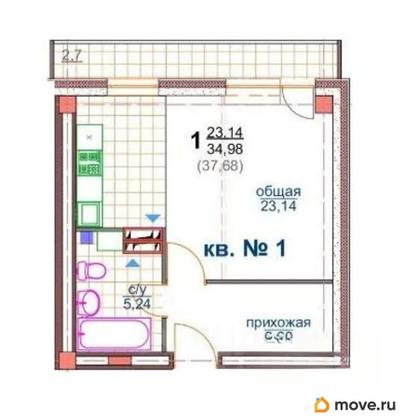 1-комн. квартира, 34.98 м&sup2;