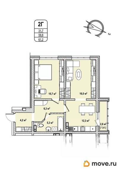 2-комн. квартира, 61.2 м&sup2;