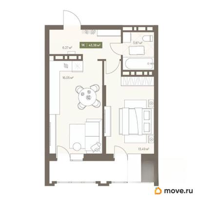 1-комн. квартира, 43.38 м&sup2;