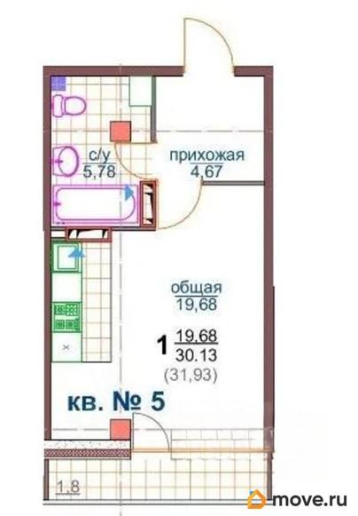 1-комн. квартира, 30.13 м&sup2;