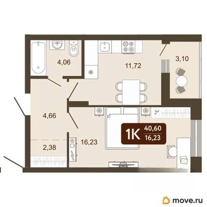 1-комн. квартира, 40.6 м&sup2;