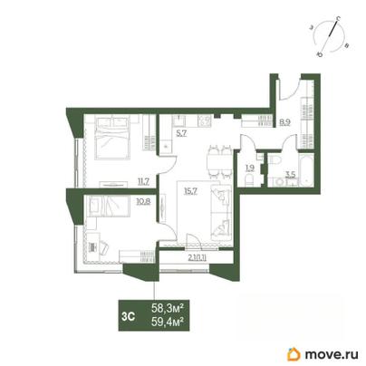 3-комн. квартира, 59.4 м&sup2;