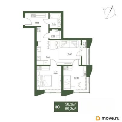 3-комн. квартира, 59.3 м&sup2;