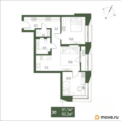 3-комн. квартира, 62.2 м&sup2;