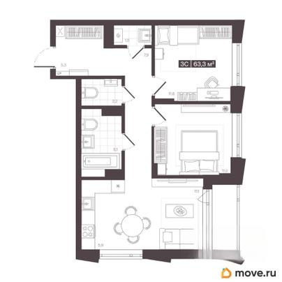 3-комн. квартира, 63.3 м&sup2;