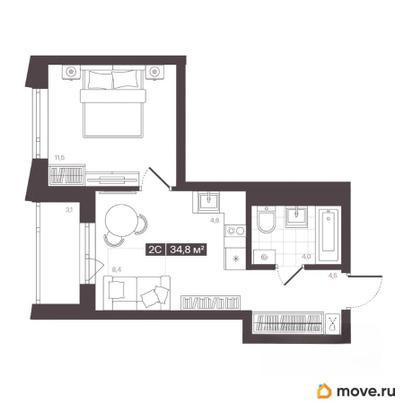 2-комн. квартира, 34.8 м&sup2;