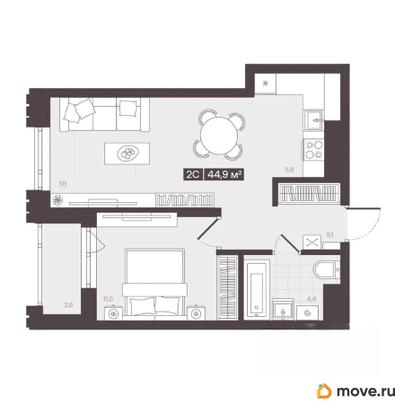 2-комн. квартира, 44.9 м&sup2;