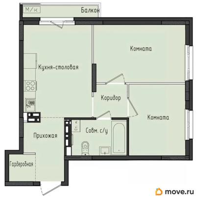 2-комн. квартира, 55.3 м&sup2;