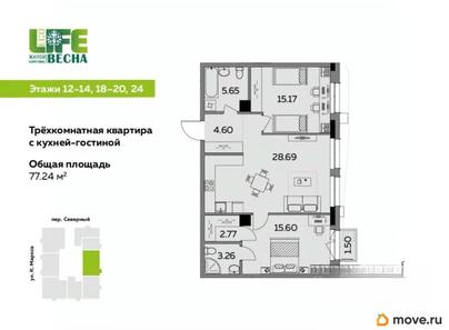 3-комн. квартира, 77.24 м&sup2;