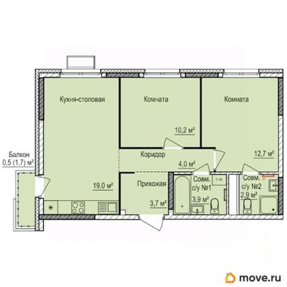2-комн. квартира, 56.9 м&sup2;