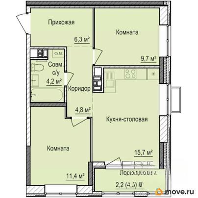 2-комн. квартира, 54.3 м&sup2;
