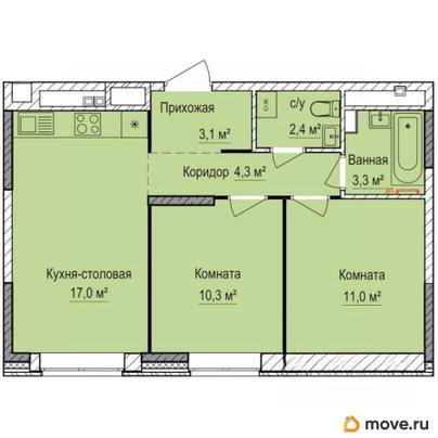 2-комн. квартира, 52.2 м&sup2;