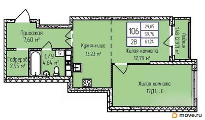 2-комн. квартира, 60.7 м&sup2;