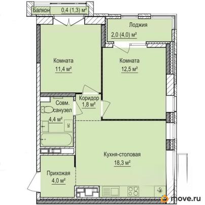 2-комн. квартира, 54.8 м&sup2;