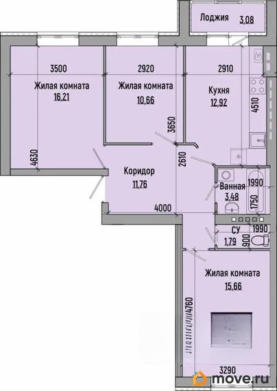3-комн. квартира, 74.02 м&sup2;