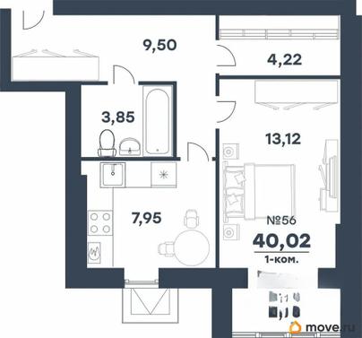 1-комн. квартира, 40.02 м&sup2;