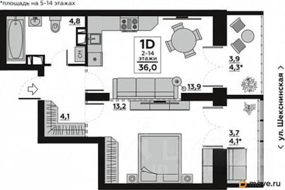 1-комн. квартира, 36.07 м&sup2;