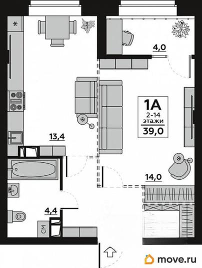1-комн. квартира, 39.16 м&sup2;