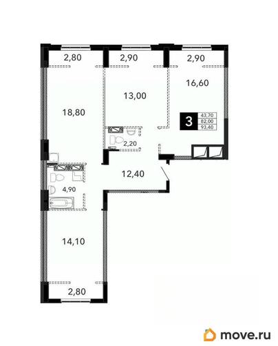 3-комн. квартира, 93.4 м&sup2;