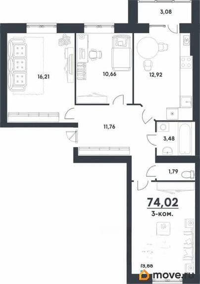3-комн. квартира, 74.02 м&sup2;
