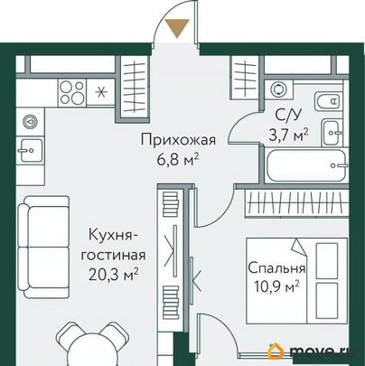1-комн. квартира, 44.1 м&sup2;