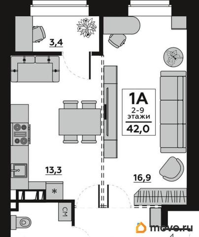 1-комн. квартира, 44.02 м&sup2;