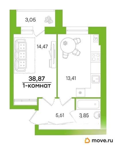 1-комн. квартира, 38.87 м&sup2;