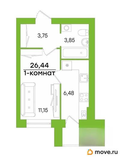 1-комн. квартира, 26.44 м&sup2;