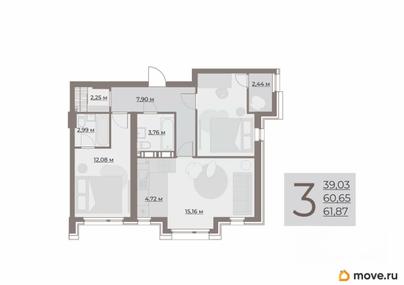 3-комн. квартира, 63.09 м&sup2;