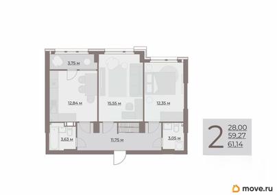 2-комн. квартира, 63.02 м&sup2;