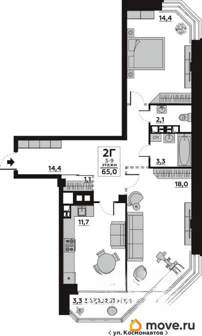 2-комн. квартира, 65 м&sup2;