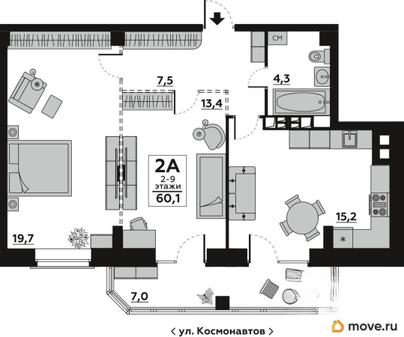 2-комн. квартира, 60.1 м&sup2;