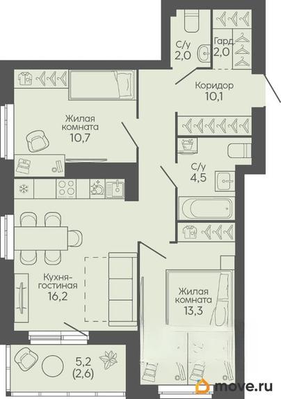 2-комн. квартира, 61.4 м&sup2;