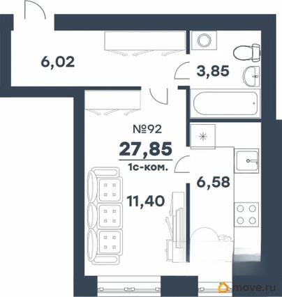 1-комн. квартира, 27.85 м&sup2;
