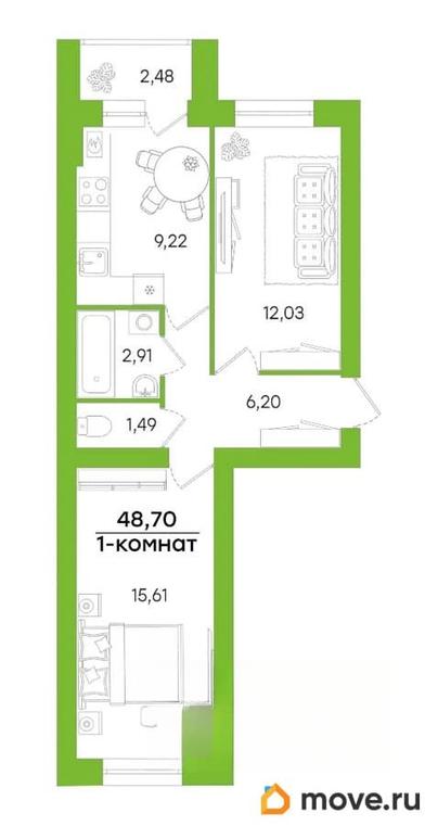 2-комн. квартира, 48.7 м&sup2;