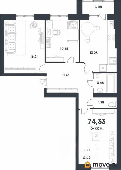 3-комн. квартира, 74.33 м&sup2;