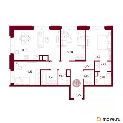 3-комн. квартира, 76.39 м&sup2;