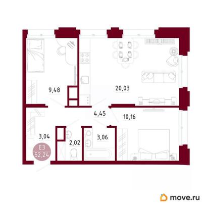 2-комн. квартира, 52.24 м&sup2;