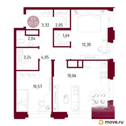 2-комн. квартира, 57.32 м&sup2;