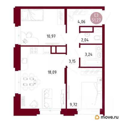 2-комн. квартира, 51.27 м&sup2;