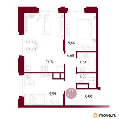 2-комн. квартира, 50.96 м&sup2;