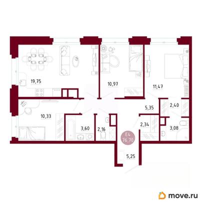 3-комн. квартира, 76.7 м&sup2;