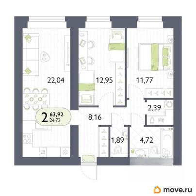 2-комн. квартира, 63.92 м&sup2;