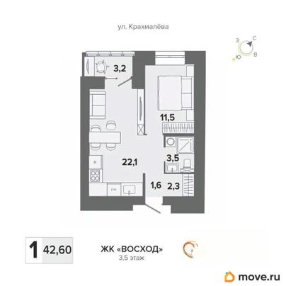 1-комн. квартира, 42.6 м&sup2;