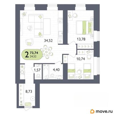 2-комн. квартира, 73.74 м&sup2;