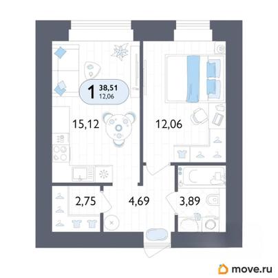 1-комн. квартира, 38.51 м&sup2;