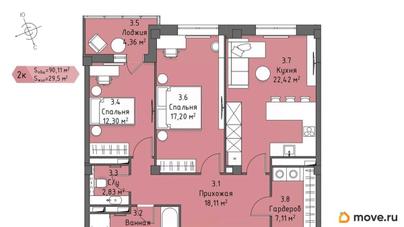 2-комн. квартира, 87.93 м&sup2;