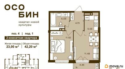 2-комн. квартира, 42.2 м&sup2;